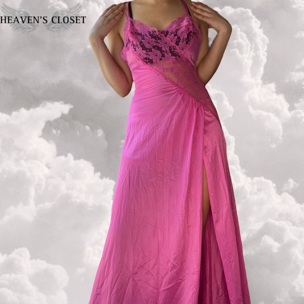 Vintage Pink satin lace maxi slip dress
